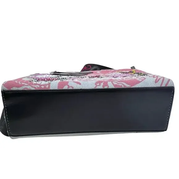 Ed Hardy Denim Tote Crossbody Satchel Bag Denim Pink Tattoo Skull Rhinestones - Picture 5 of 12